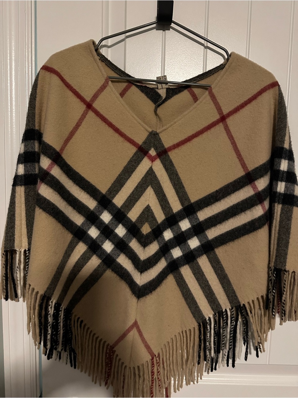 Burberry Beige Plaid Fringe Poncho